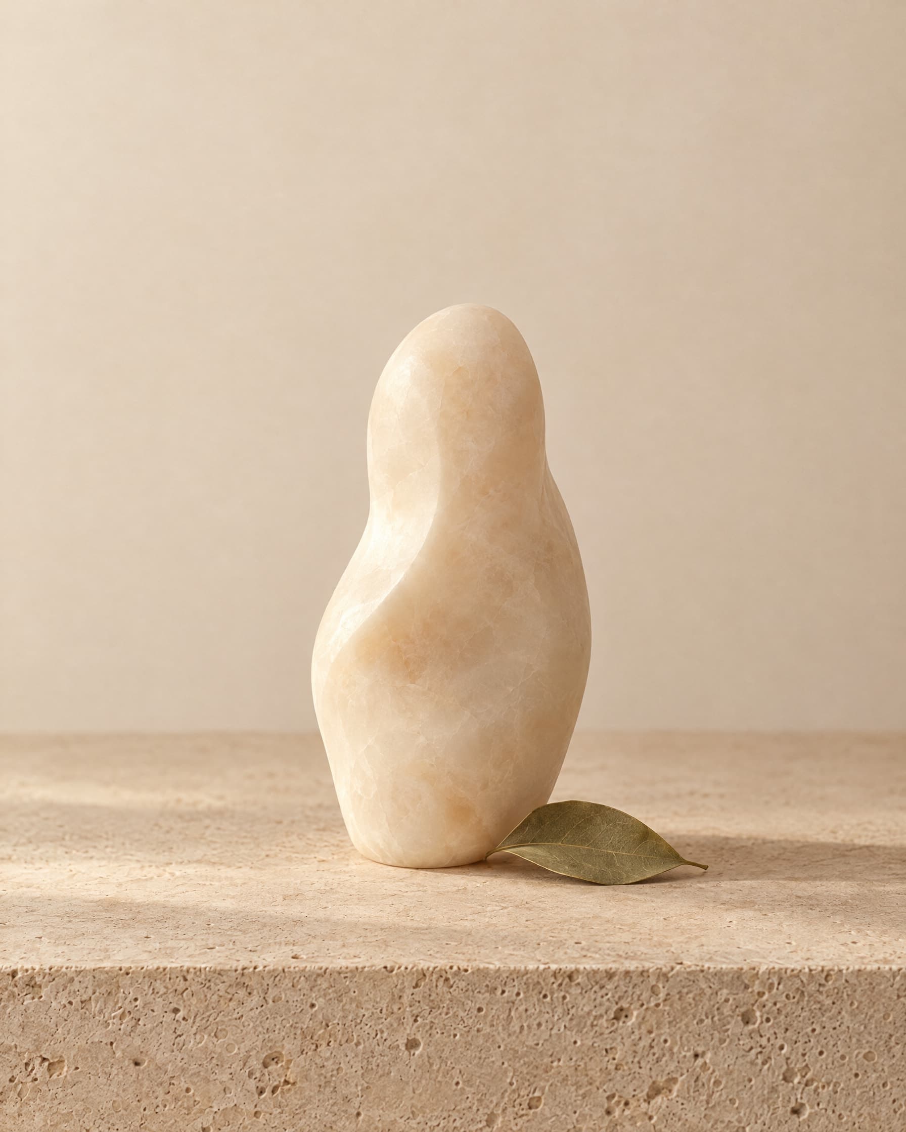A smooth abstract alabaster sculpture on travertine beside a single rose leaf