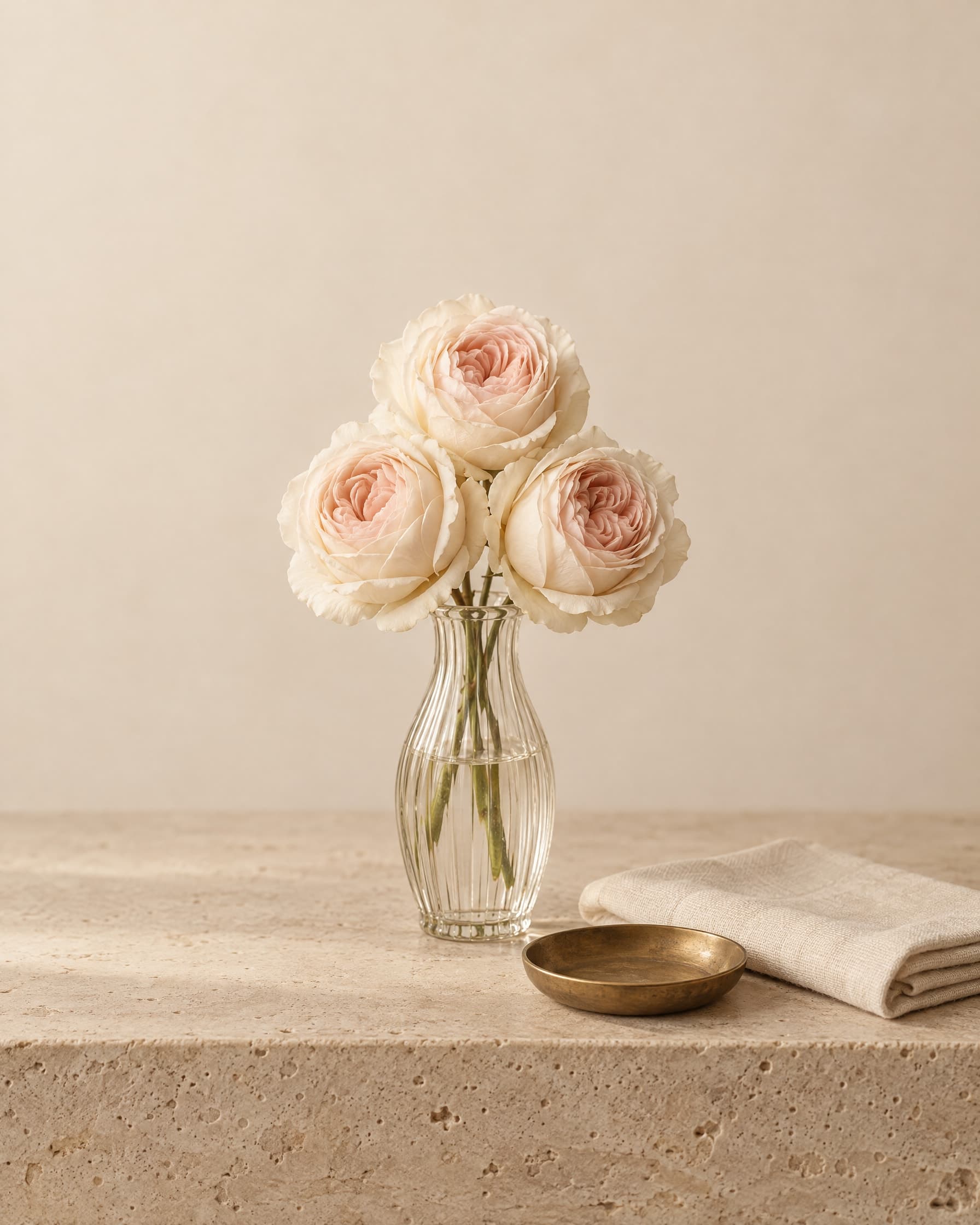 Three ivory roses in a fluted glass bud vase on travertine, beside folded linen and a small brass dish